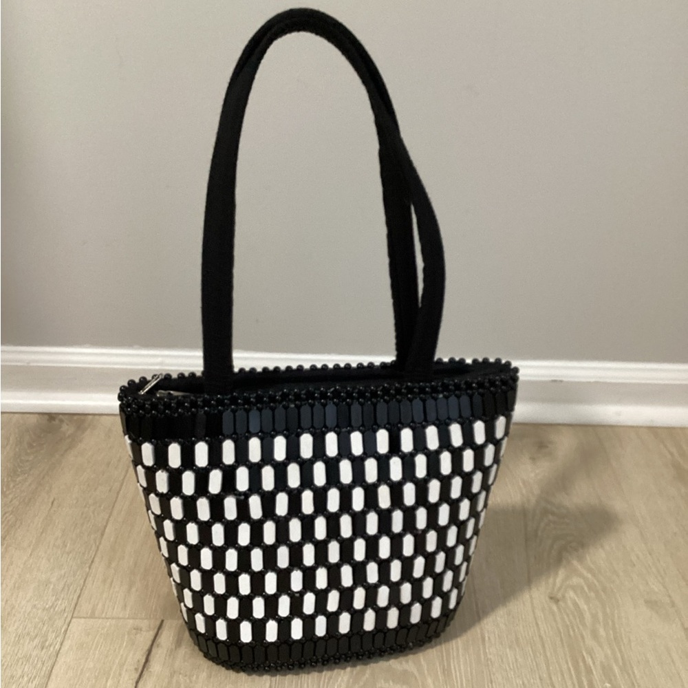 Elegant Black and White Beaded Tote Bag